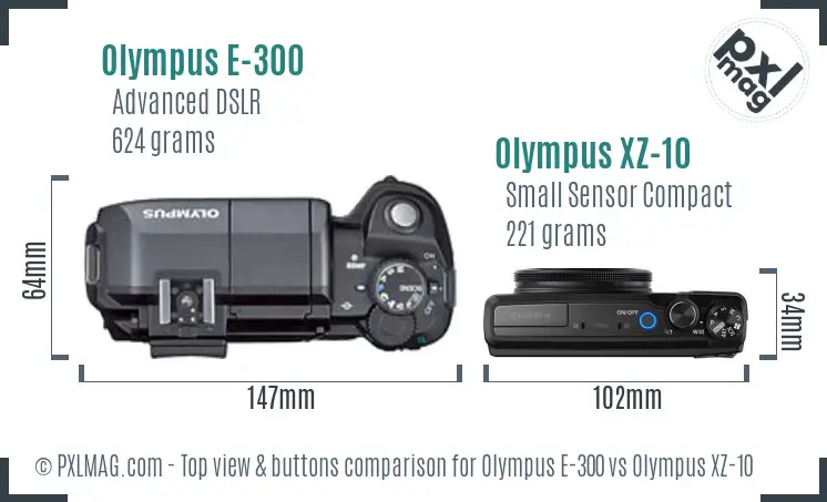 Olympus E-300 vs Olympus XZ-10 top view buttons comparison