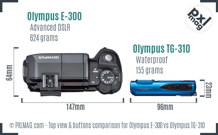 Olympus E-300 vs Olympus TG-310 top view buttons comparison