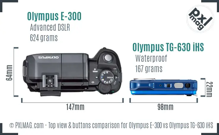 Olympus E-300 vs Olympus TG-630 iHS top view buttons comparison