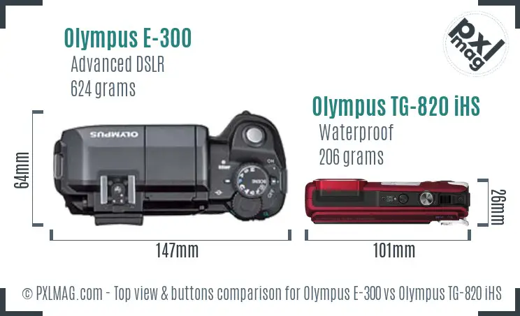 Olympus E-300 vs Olympus TG-820 iHS top view buttons comparison