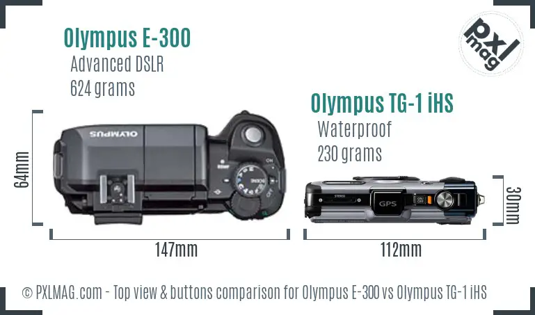 Olympus E-300 vs Olympus TG-1 iHS top view buttons comparison