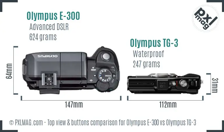 Olympus E-300 vs Olympus TG-3 top view buttons comparison