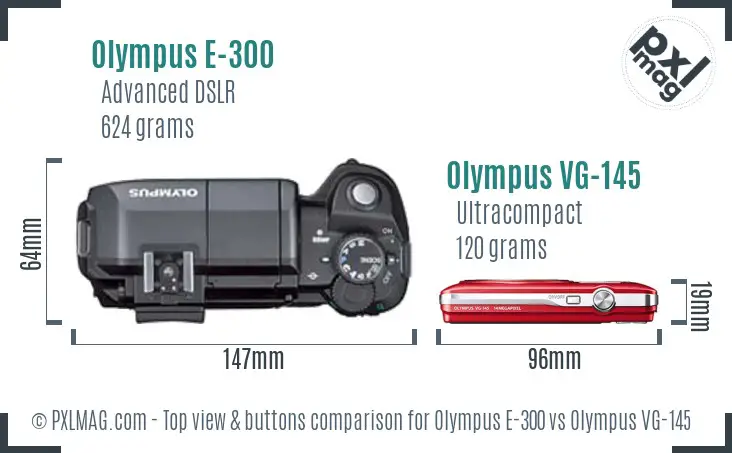 Olympus E-300 vs Olympus VG-145 top view buttons comparison