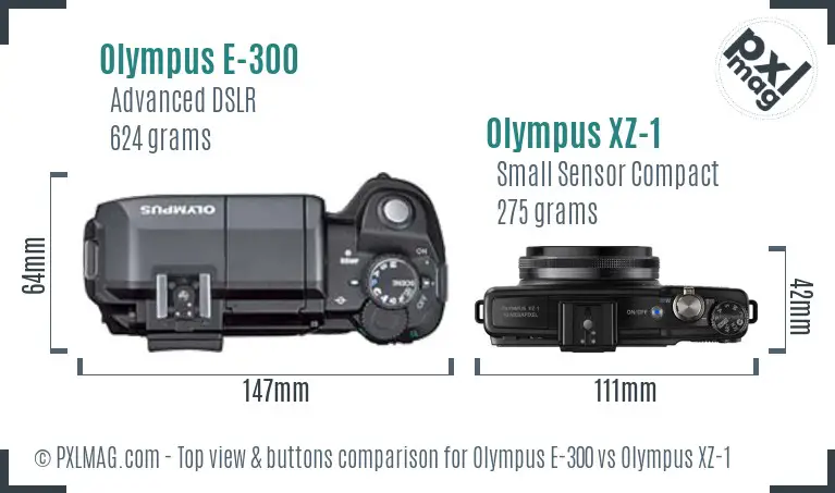 Olympus E-300 vs Olympus XZ-1 top view buttons comparison