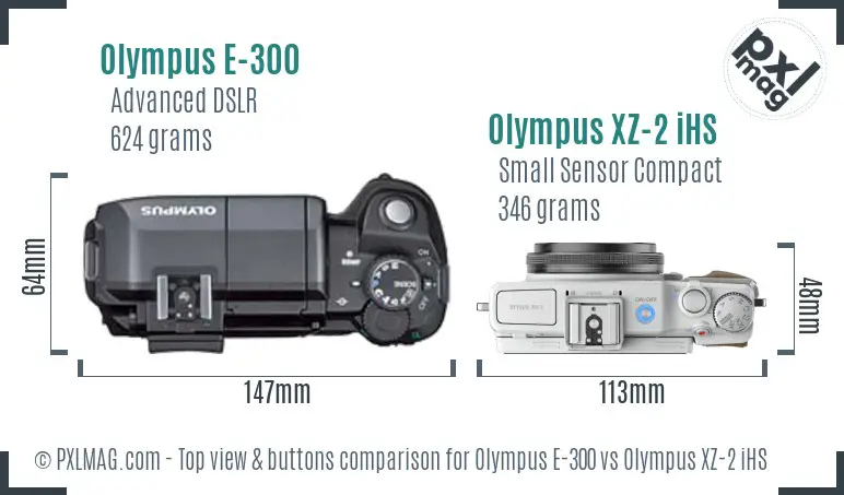 Olympus E-300 vs Olympus XZ-2 iHS top view buttons comparison