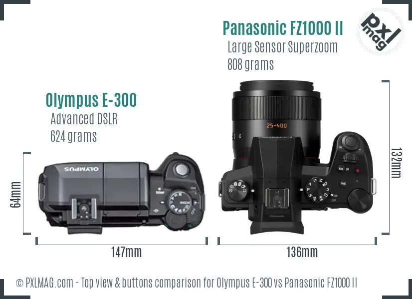 Olympus E-300 vs Panasonic FZ1000 II top view buttons comparison