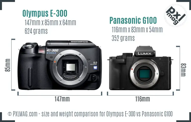 Olympus E-300 vs Panasonic G100 size comparison