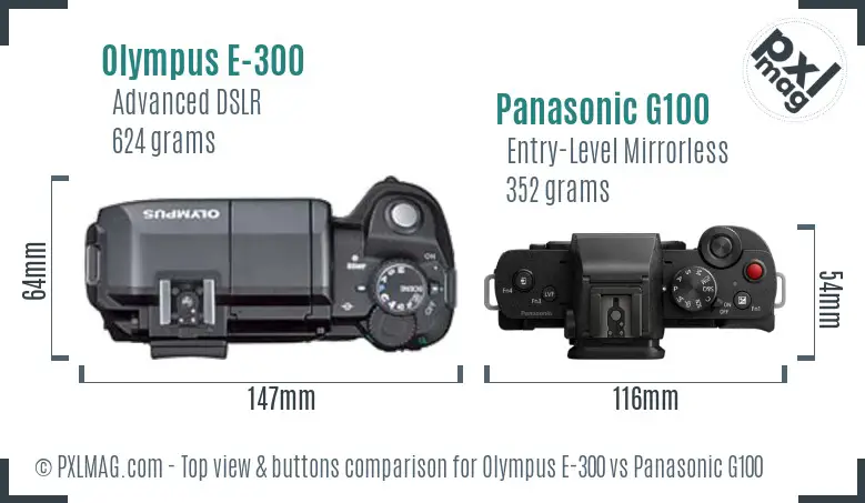 Olympus E-300 vs Panasonic G100 top view buttons comparison