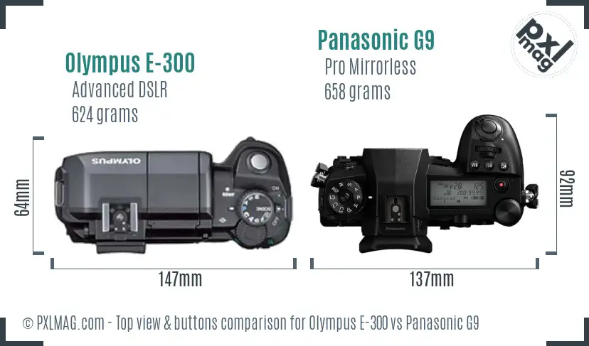 Olympus E-300 vs Panasonic G9 top view buttons comparison