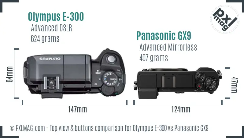 Olympus E-300 vs Panasonic GX9 top view buttons comparison