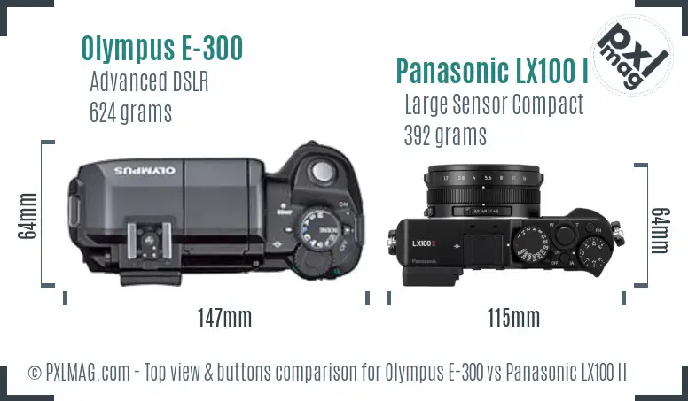 Olympus E-300 vs Panasonic LX100 II top view buttons comparison
