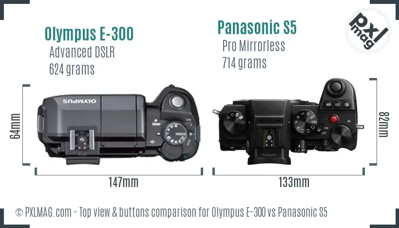 Olympus E-300 vs Panasonic S5 top view buttons comparison