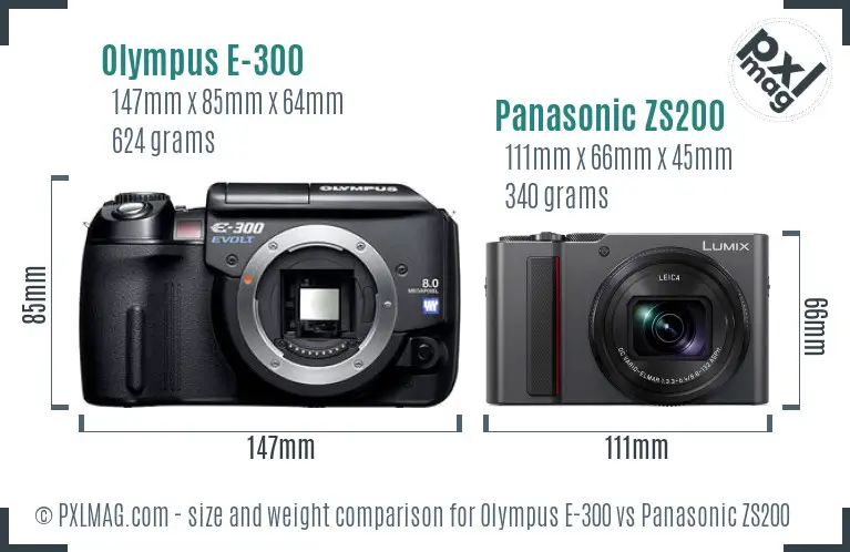 Olympus E-300 vs Panasonic ZS200 size comparison