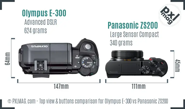 Olympus E-300 vs Panasonic ZS200 top view buttons comparison