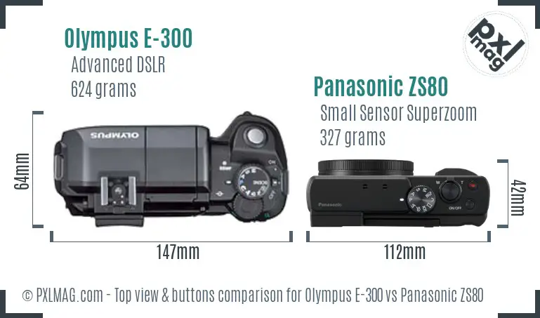 Olympus E-300 vs Panasonic ZS80 top view buttons comparison