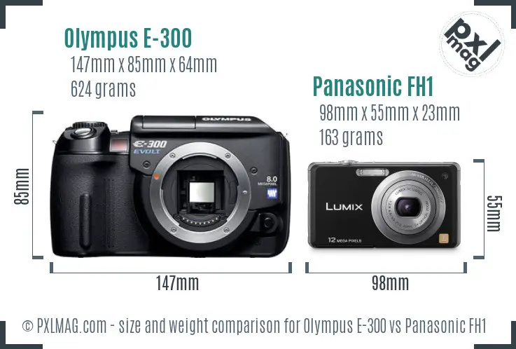 Olympus E-300 vs Panasonic FH1 size comparison