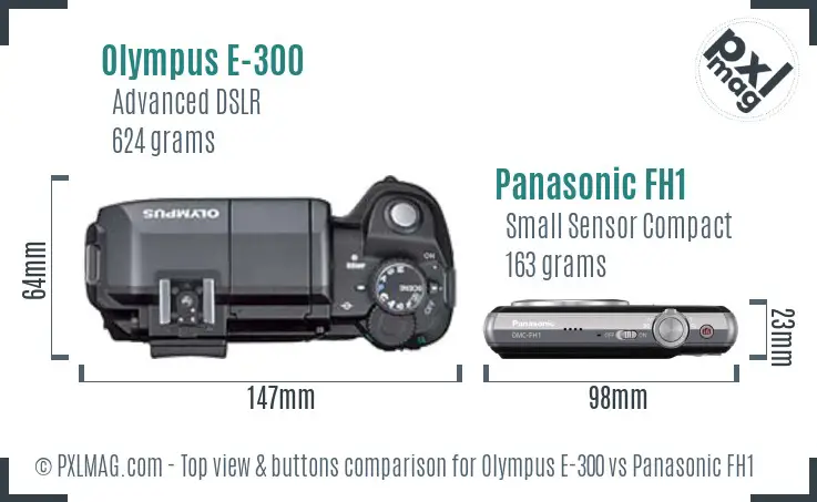 Olympus E-300 vs Panasonic FH1 top view buttons comparison