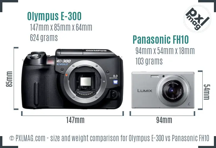 Olympus E-300 vs Panasonic FH10 size comparison