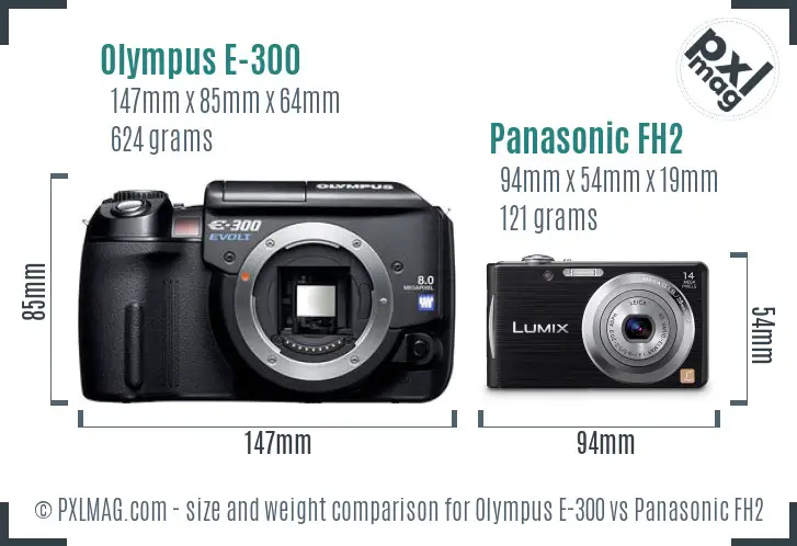 Olympus E-300 vs Panasonic FH2 size comparison