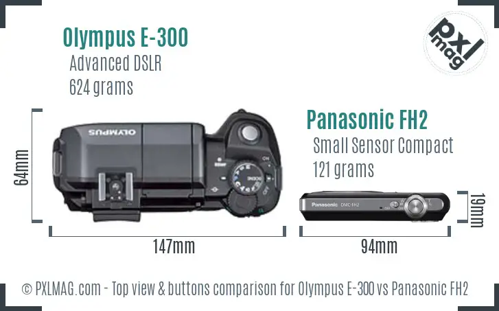 Olympus E-300 vs Panasonic FH2 top view buttons comparison