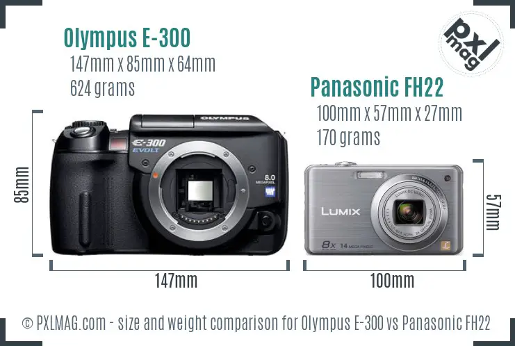 Olympus E-300 vs Panasonic FH22 size comparison