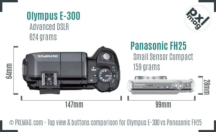 Olympus E-300 vs Panasonic FH25 top view buttons comparison