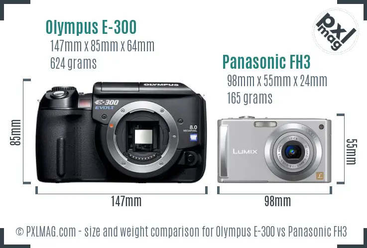 Olympus E-300 vs Panasonic FH3 size comparison