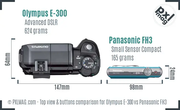 Olympus E-300 vs Panasonic FH3 top view buttons comparison