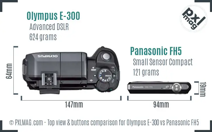Olympus E-300 vs Panasonic FH5 top view buttons comparison