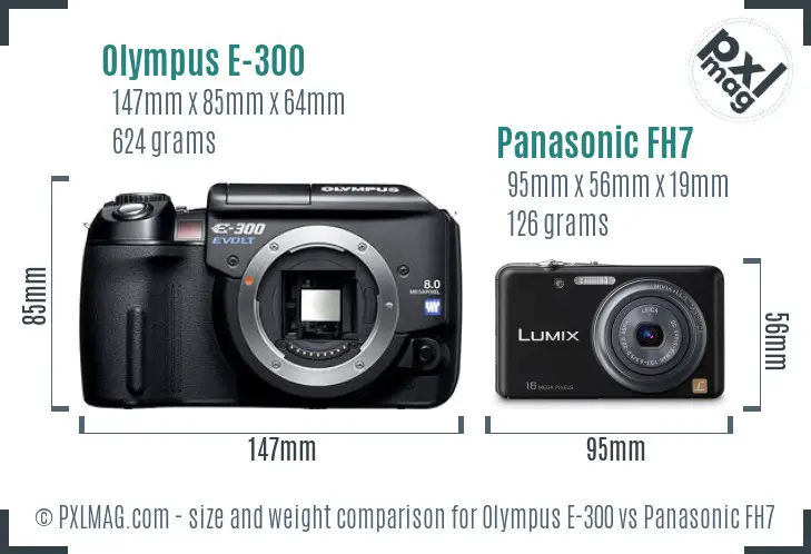 Olympus E-300 vs Panasonic FH7 size comparison