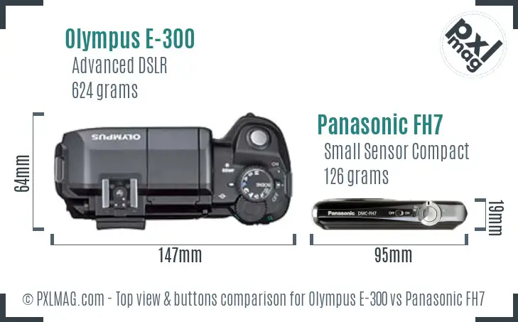 Olympus E-300 vs Panasonic FH7 top view buttons comparison