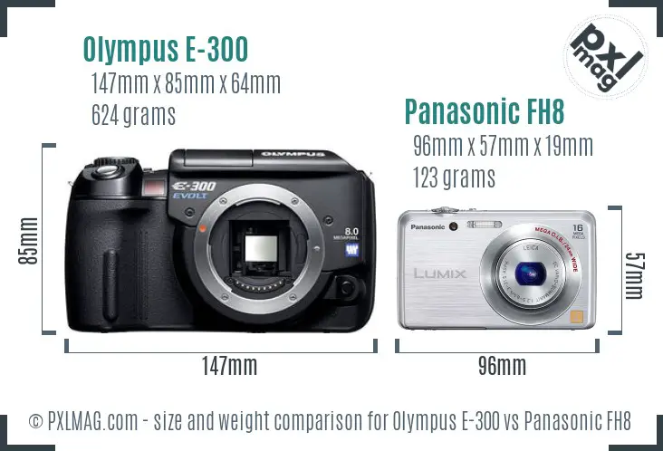 Olympus E-300 vs Panasonic FH8 size comparison