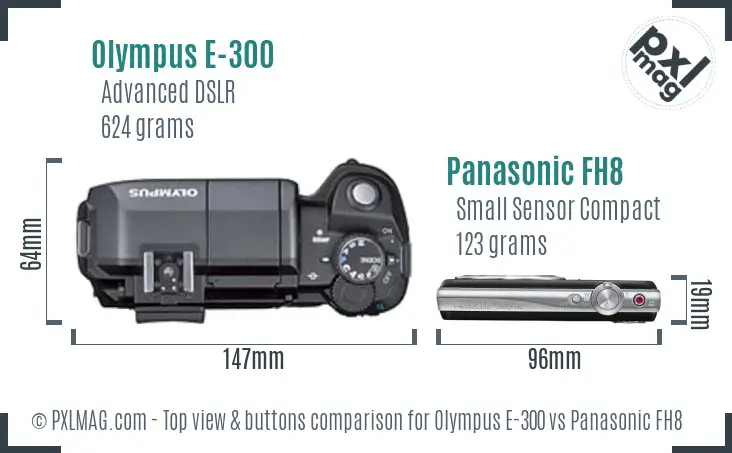 Olympus E-300 vs Panasonic FH8 top view buttons comparison
