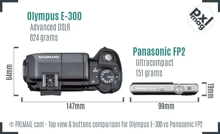Olympus E-300 vs Panasonic FP2 top view buttons comparison