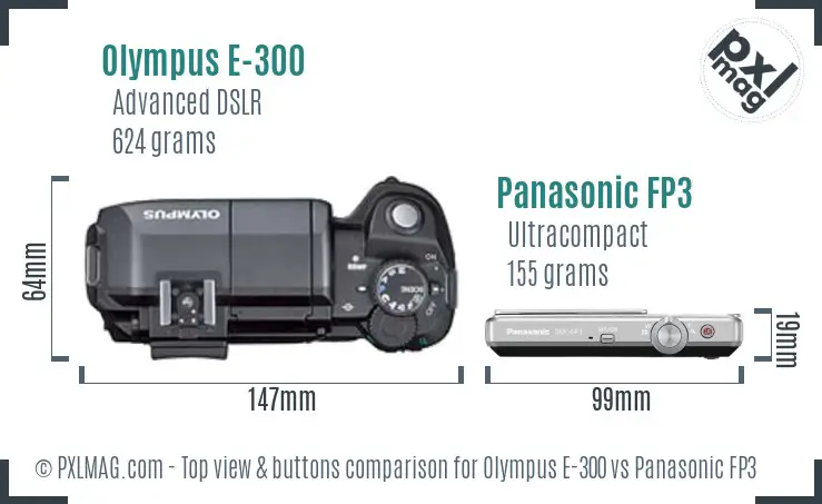 Olympus E-300 vs Panasonic FP3 top view buttons comparison