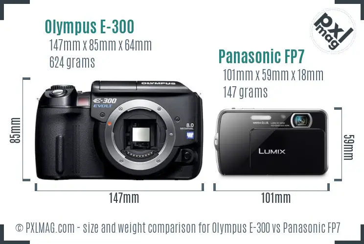 Olympus E-300 vs Panasonic FP7 size comparison