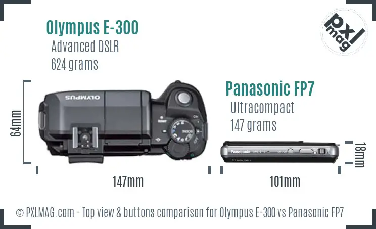 Olympus E-300 vs Panasonic FP7 top view buttons comparison