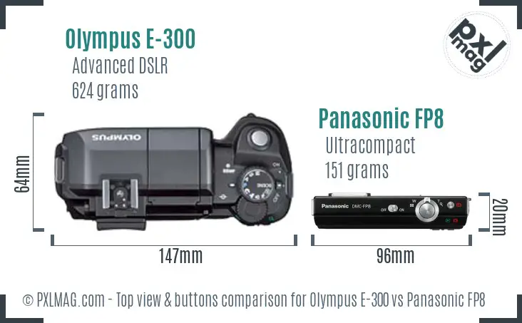 Olympus E-300 vs Panasonic FP8 top view buttons comparison