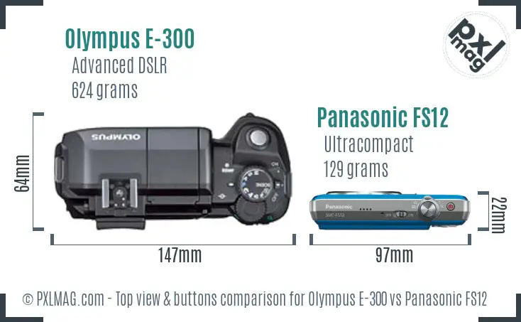 Olympus E-300 vs Panasonic FS12 top view buttons comparison
