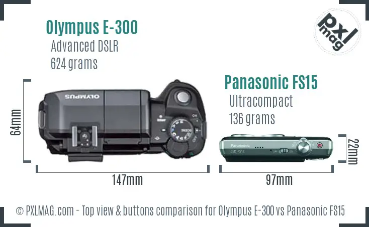 Olympus E-300 vs Panasonic FS15 top view buttons comparison
