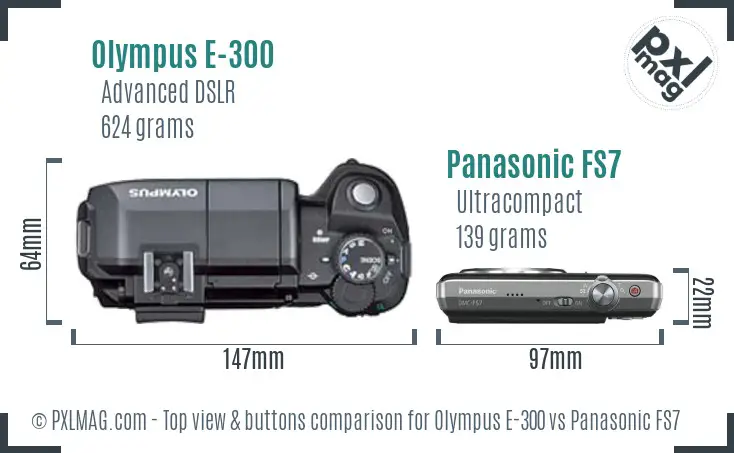 Olympus E-300 vs Panasonic FS7 top view buttons comparison