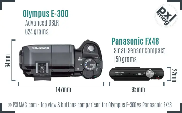 Olympus E-300 vs Panasonic FX48 top view buttons comparison