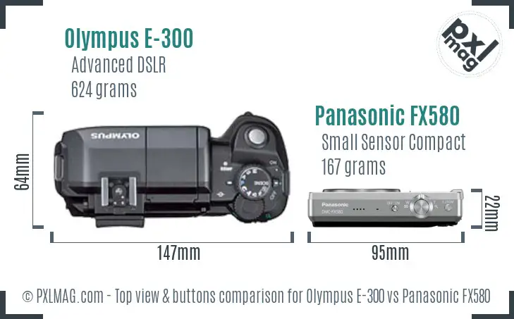 Olympus E-300 vs Panasonic FX580 top view buttons comparison