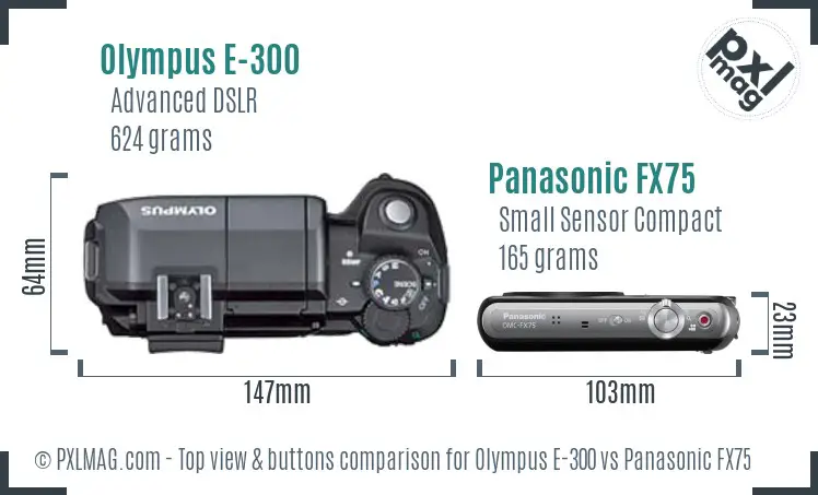 Olympus E-300 vs Panasonic FX75 top view buttons comparison