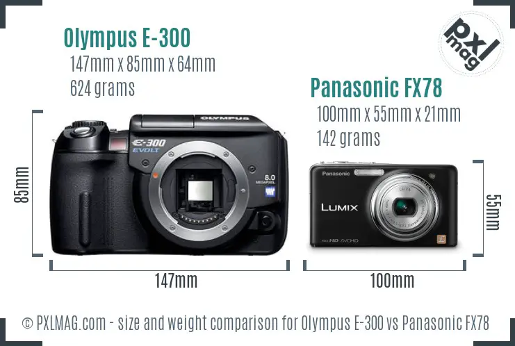Olympus E-300 vs Panasonic FX78 size comparison
