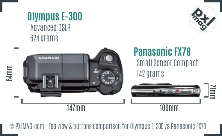 Olympus E-300 vs Panasonic FX78 top view buttons comparison