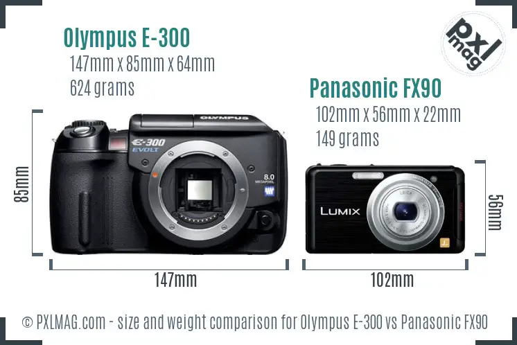 Olympus E-300 vs Panasonic FX90 size comparison