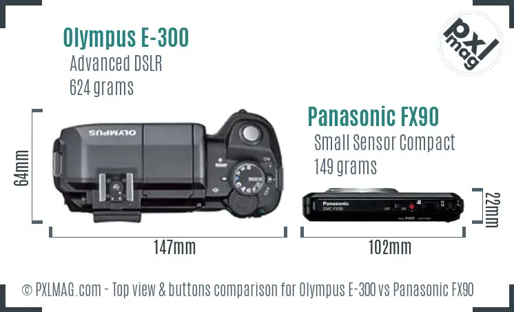 Olympus E-300 vs Panasonic FX90 top view buttons comparison