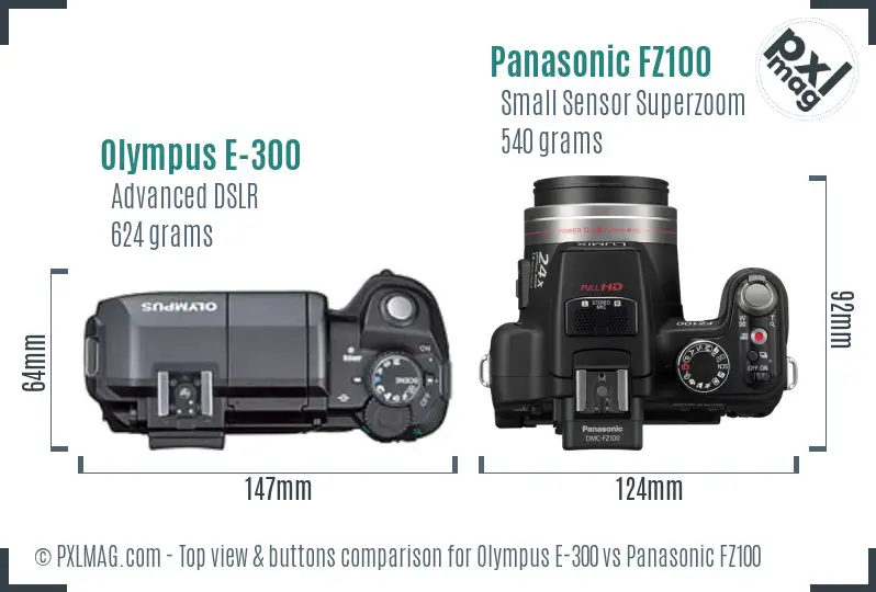 Olympus E-300 vs Panasonic FZ100 top view buttons comparison