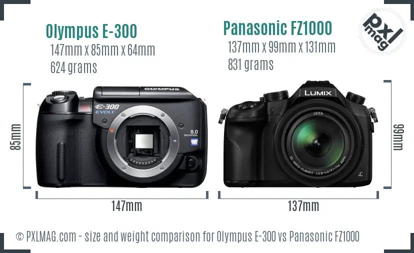 Olympus E-300 vs Panasonic FZ1000 size comparison